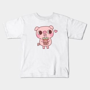 Cute Little Pig Loves Drinking Bubble Tea Kids T-Shirt